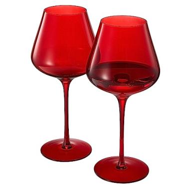 Imagem de Conjunto de 2 taças de vinho de cristal rubi vermelho, elegantes 590 ml de altura, artigos de vidro para hospedagem e presente, presente de festa sofisticado de inspiração italiana para esposa, mãe ou