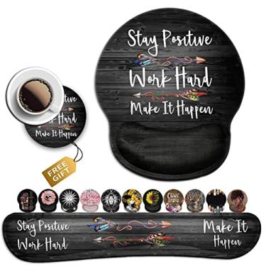 Imagem de Mouse pad ergonômico com suporte de descanso de pulso de gel, base de poliuretano antiderrapante para computador, laptop, escritório em casa, para manter o trabalho positivo e fazer acontecer, almofada preta com glitter prata teclado de espuma de memória descanso de pulso,