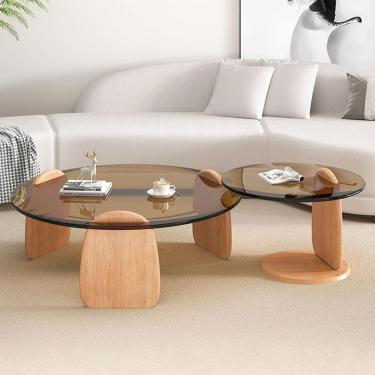 Imagem de Mesa de centro redonda de vidro para sala de estar, mesa final moderna de meados do século, mesa de centro com moldura de madeira natural e tampo de vidro temperado, mesa final minimalista p