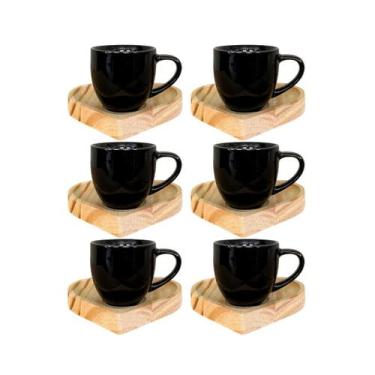 Imagem de Kit 6 Xícaras Paris Preta 95ml Com Pires Madeira Coração - Porcelana A