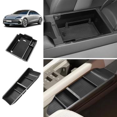 Imagem de BestEvMod Para Ioniq6 Caixa de armazenamento de apoio de braço e bandeja organizadora de console central inferior 2 peças com acabamento preto de borracha compatível com acessórios Hyundai Ioniq 6 SE