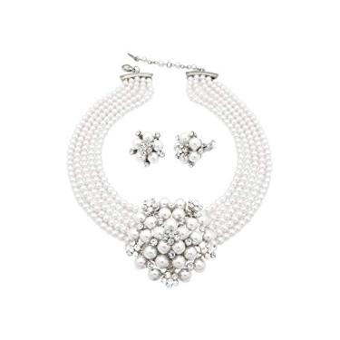Imagem de Fashion 21 Colar de 5 fileiras de strass acentuado simulado floral pérola agrupada conjunto com 2 brincos, Strass, Na