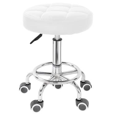 Imagem de IBVIVIC Banqueta giratória redonda ajustável de poliuretano para salão de spa, cadeira de trabalho e massagem com descanso para os pés, branca