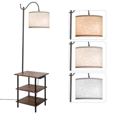 Imagem de EOEYYOYB Luminária de chão com prateleiras de 3 camadas, luminária de mesa com porta de carregamento USB, luz de leitura de mesa lateral com lâmpada LED de 3 temperaturas de cores incluídas, lâmpadas