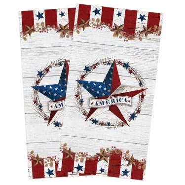 Imagem de Conjunto de toalhas de cozinha de 4 de julho, conjunto de 2 estrelas patrióticas, coroa americana, conjunto de toalhas de prato e panos de prato toalha de chá rústica branca de grão de madeira