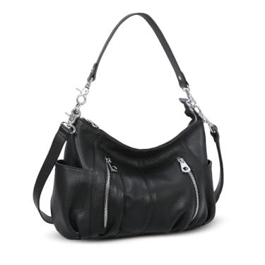 Imagem de HESHE Bolsa de Couro Genuíno para Mulheres Bolsa de Ombro Hobo Bolsa Transversal Bolsas Designer Femininas, Preto, 11.81"x9.45"x3.93” in
