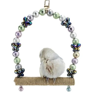 Imagem de Brinquedo giratório de periquito colorido, calopsita, periquito, poleiro de madeira e periquito, balanço de corda de cânhamo, 14 cm C x 14 cm L x 26 cm A, academia de balanço resistente, acessórios