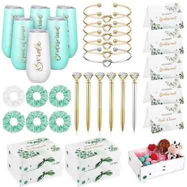 Imagem de Sabary Conjunto de 34 peças para presente de pedido de dama de honra inclui 5 caixas de pedido de damas de honra, 6 copos de vinho, 6 pulseiras de nó de amor, 6 canetas de diamante, 5 cartões de dama de honra com 6 laços de cabelo sem vincos (folhas)