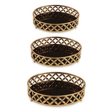 Imagem de Conjunto Com 03 Bandejas Douradas De Metal Com Vidro Preto 11402 Mart