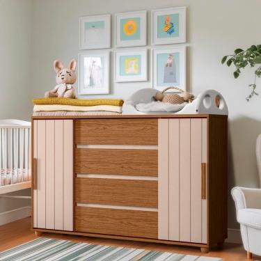 Imagem de Cômoda Para Quarto Infantil 4 Gavetas 2 Portas De Correr Jatobá Fendi Flex Evint Shop Jm