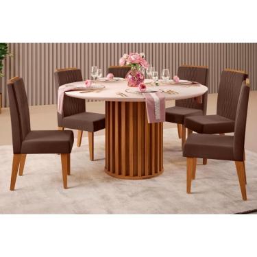 Imagem de Sala De Jantar Viena Tampo Madeirado Com Vidro 136cm E 6 Cadeiras Lia Freijo Off White Suede Moca