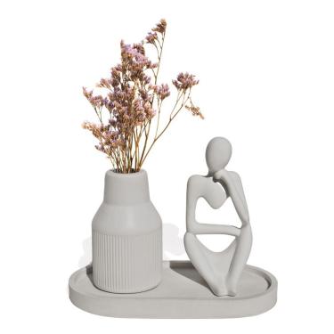Imagem de Kit 3 Peças Decoração Estátua Pensadora Garrafa Tubo Listrada E Bandeja Cinza