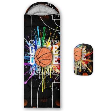 Imagem de Smell Sunshine Saco de dormir infantil para meninos e meninas, estampa de basquete preto, leve, quente, portátil, uso interno, impermeável, resistente ao clima frio, saco de dormir para acampamento e