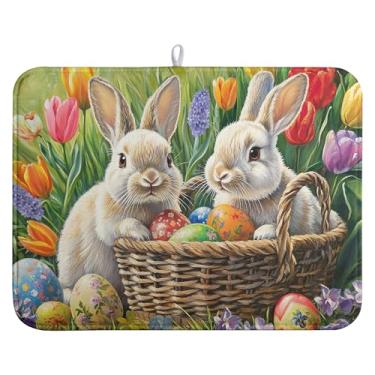 Imagem de farg Tapete De Secagem Pratos Páscoa, Almofada Floral Primavera Para Cozinha, Ovos Coelho Tulipa, Secador Absorvente Bancadas, Escorredor Microfibra (18 X 24 Pol.)