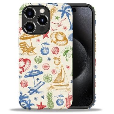 Imagem de ZHEGAILIAN Capa compatível com iPhone 15 Pro Max, capa rígida híbrida de 2 camadas para meninas, meninos, mulheres, homens, elementos de charme de praia de verão