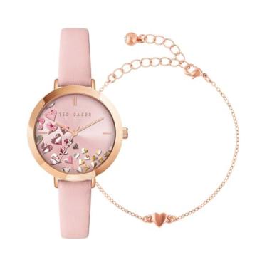 Imagem de Ted Baker Pulseira de couro de quartzo de aço inoxidável feminino, rosa, relógio casual 18 (modelo: BKG0281009I), rosa, One Size, Conjunto de presente de pulseira e pulseira de couro Ammy Hearts