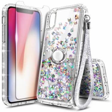 Imagem de Capa NGB projetada para iPhone X e iPhone Xs, pedra de cristal | Capa fofa com glitter líquido brilhante para mulheres, meninas e crianças | com protetor de tela de vidro temperado, suporte de anel e