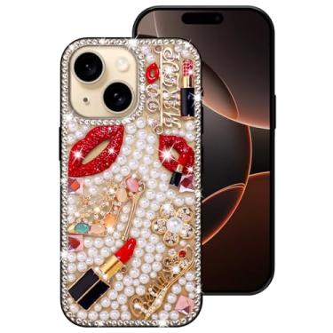 Imagem de Erolagomat Capa brilhante para iPhone 14, capa de telefone de designer de luxo brilhante com glitter brilhante diamante strass lábios batom flores pérolas salto alto, capa amortecedora macia para
