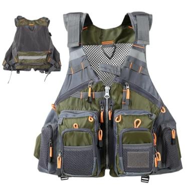 Imagem de Colete de pesca, coletes de pesca masculinos com 13 bolsos, verde-oliva, respirável, malha com listras refletivas e alças ajustáveis para uso ao ar livre