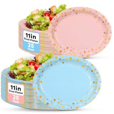 Imagem de 50 peças de artigos de festa revelação de gênero dourado rosa e azul tema revelação de gênero talheres ovais pratos de jantar meninos meninas azul e rosa pratos de papel para chá de bebê, casamento