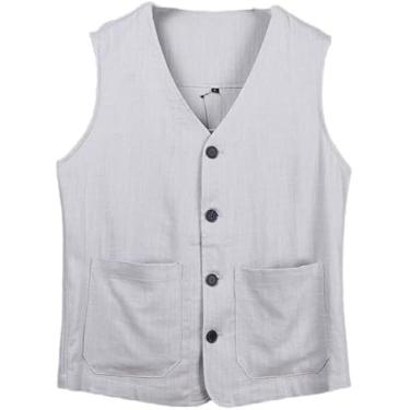 Imagem de Verão Colete De Linho Para Homens De Um único Peito Blazer De Terno Fino Veset Sem Mangas Blazer Casual Vintage Loose Fit Jaqueta Esportiva Verão Lazer Jaqueta Top, light grey, XS