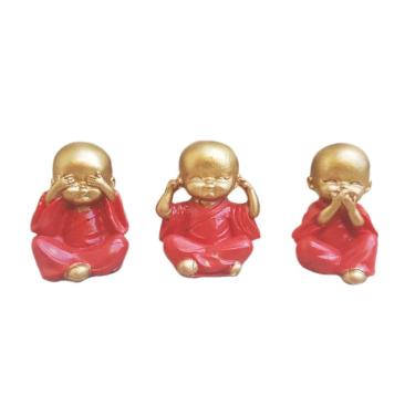 Imagem de Trio Monges Budas Sábios Cego Surdo Mudo Dourado Vermelho