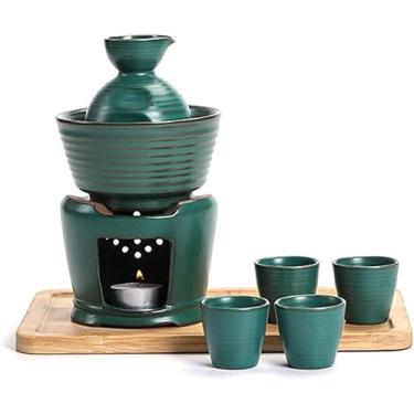 Imagem de JOEUQK Conjunto de saquê japonês com bandeja conjunto de 4 peças de copos de saquê tradicional porcelana cerâmica cerâmica artesanato taças de vinho, 8 peças