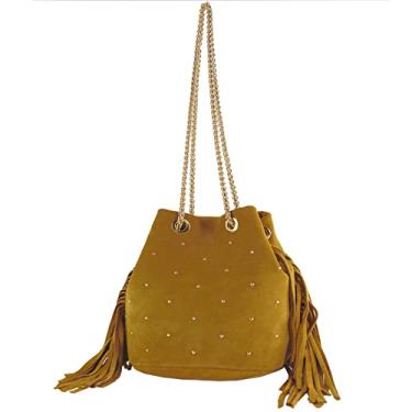 Imagem de modamoda de T245/T246 Bolsa feminina de couro italiano, fecho de corrente dourada, 20 x 14 cm, Curry/camurça