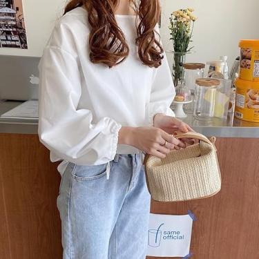 Imagem de Sacola chique de palha – Design elegante e minimalista para viagens, casa e deslocamento diário, Branco, 7.28" x 7.48" x 4.33"