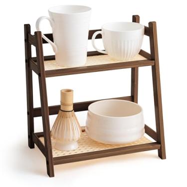 Imagem de Yalikop 1 peça prateleira de estação matcha de 2 camadas de bambu suporte de caneca de café rack de armazenamento de bancada, copo de escritório de vime de camada dupla, cozinha, chá, planta