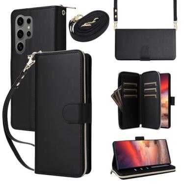 Imagem de Capa carteira para Samsung Galaxy S24 Ultra com cordão ajustável e alça de pulso - Couro sintético durável e TPU, 9 compartimentos para cartão, fecho magnético, suporte, capa de proteção total à prova