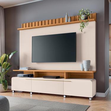 Imagem de Home Painel Decorativo Alhambra TV até 70 Pol MDP/MDF Pés Rodízio Off White/Cinamomo G26 - Gran Belo