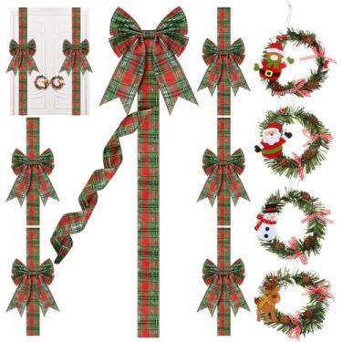 Imagem de Ysleen 6 laços de fita para armário de Natal, laços de Natal grandes festivos e 4 peças de guirlanda de pinheiro de Natal com boneco de neve, guirlanda de Natal artificial para porta da frente para