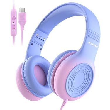 Imagem de KONNAO Fone de ouvido infantil USB tipo C atualizado, fones de ouvido com fio para crianças com microfone para meninos e meninas, ajustável 85dB/94dB volume limitado