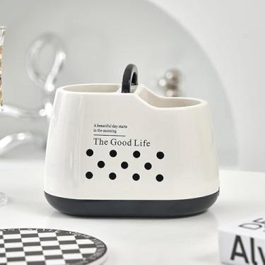 Imagem de Suporte oco para pauzinhos de drenagem – Copo de armazenamento de utensílios de grande abertura com alça, organizador multifuncional para cozinha (preto e branco)