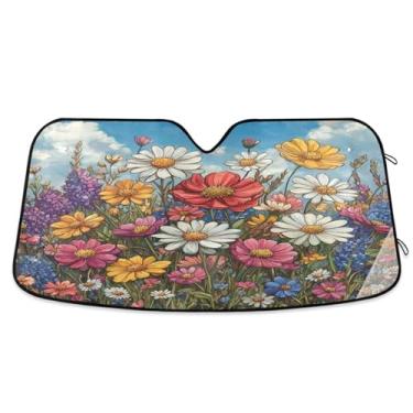 Imagem de ATTX Pára-brisas de carro colorido Wildflowers 139.7 cm x 70.1 cm Protetor solar universal com proteção UV, persiana de janela frontal automática dobrável para caminhões Sedans SUVs #207