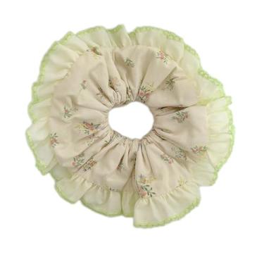 Imagem de Wekuvo Laço de cabelo feito à mão com borda de babados em creme de camada dupla, acessório de cabelo elástico macio romântico para mulheres