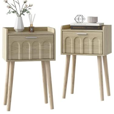 Imagem de LAATOOREE Conjunto de 2 mesas de cabeceira pequenas, mesa lateral de meados do século com porta arqueada, mesas de cabeceira com pernas de madeira maciça para quarto, sala de estar (natural)