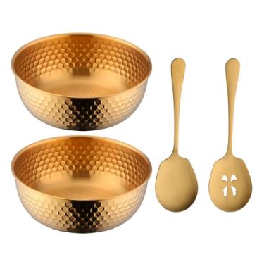 Imagem de BYEGOU Conjunto de tigela de salada de aço inoxidável - Tigelas de mistura marteladas de 2,5 litros com colher de servir e escumadeira - leve, lavável na lava-louças para cozinha, macarrão, salada