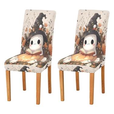 Imagem de Qilmy Conjunto de 2 capas elásticas para cadeira de jantar com chapéu de bruxa fofo Boo, laváveis e removíveis, para sala de jantar, cozinha, hotel, banquete, festa, protetores de cadeira