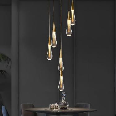 Imagem de Lustre moderno de cristal em formato de gota de chuva com LED, dourado, 6 lâmpadas, luz quente 3000K, ideal para escadas, salas de estar com pé direito alto, quartos, entradas e lofts. Ilumi