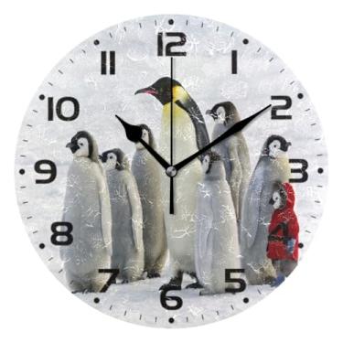 Imagem de JUZIHAI Relógio de parede com pinguim imperador e criança, silencioso, redondo, sem tique-taque, operado por bateria, fácil de ler, relógio decorativo de parede para casa, cozinha, sala de estar