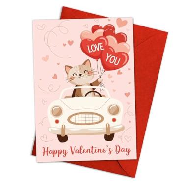 Imagem de Cartão de Dia dos Namorados de Gato Fofo com Balões de Amor, Cartão Romântico de Gatinho Dirigindo Carro, Mensagem Sweet Love You, Cartão de Dia dos Namorados Adorável para Namorado Namorada Marido