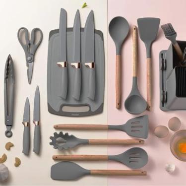 Imagem de Mini Kit Completo Jogo Utensílios de Cozinha 19 Peças Com Tábua em Silicone Espátula Faca Tesoura 890g(CINZA)