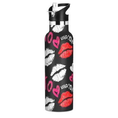 Imagem de Garrafa de água de batom branco vermelho preto para meninas e adolescentes garrafas de água de aço inoxidável sem BPA copo de viagem isolado copo de viagem com tampa de canudo para bebidas quentes ou