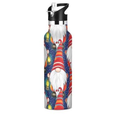Imagem de Garrafas de água isoladas de aço inoxidável de 590 ml com tampa de canudo Gnomos de Natal azul estrelado garrafa de água para meninos e meninas copos à prova de vazamento de parede dupla com alça