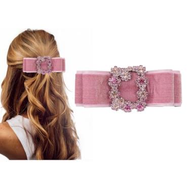 Imagem de Clipes de presilhas francesas vintage - strass de cristal brilhante pedra preciosa luxo fio dourado acessórios de cabelo de veludo para mulheres e meninas, cabelo grosso a fino (rosa)