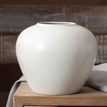 Imagem de Vaso redondo de cerâmica branca, minimalista nórdico japondi rústico vintage redondo moderno vasos grandes feitos à mão para mesa central, casamento, sala de estar, estante de livros, escritório, casa