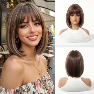 Imagem de Esmee Peruca curta reta marrom urze bob para mulheres peruca de cabelo sintético natural para uso diário e festa