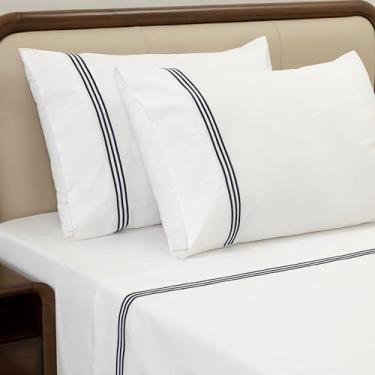 Imagem de Dreamology Jogo de lençol King percal de algodão, 100% algodão, percal, fresco, macio, respirável e nítido, conjunto de lençol King com bolso profundo de até 40,6 cm (azul)